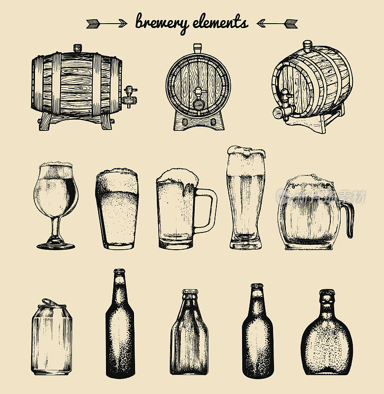 向量集的vintage brewery元素。收集啤酒，啤酒，啤酒标志。桶、瓶等素描图。
